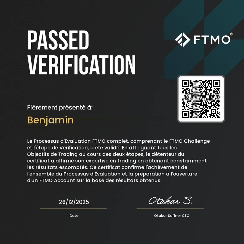 Certificat FTMO de phase de vérification validée par Benjamin