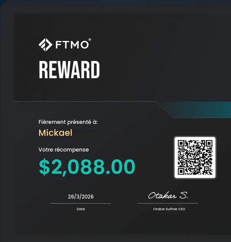 Certificat de retrait FTMO obtenu par Mickael